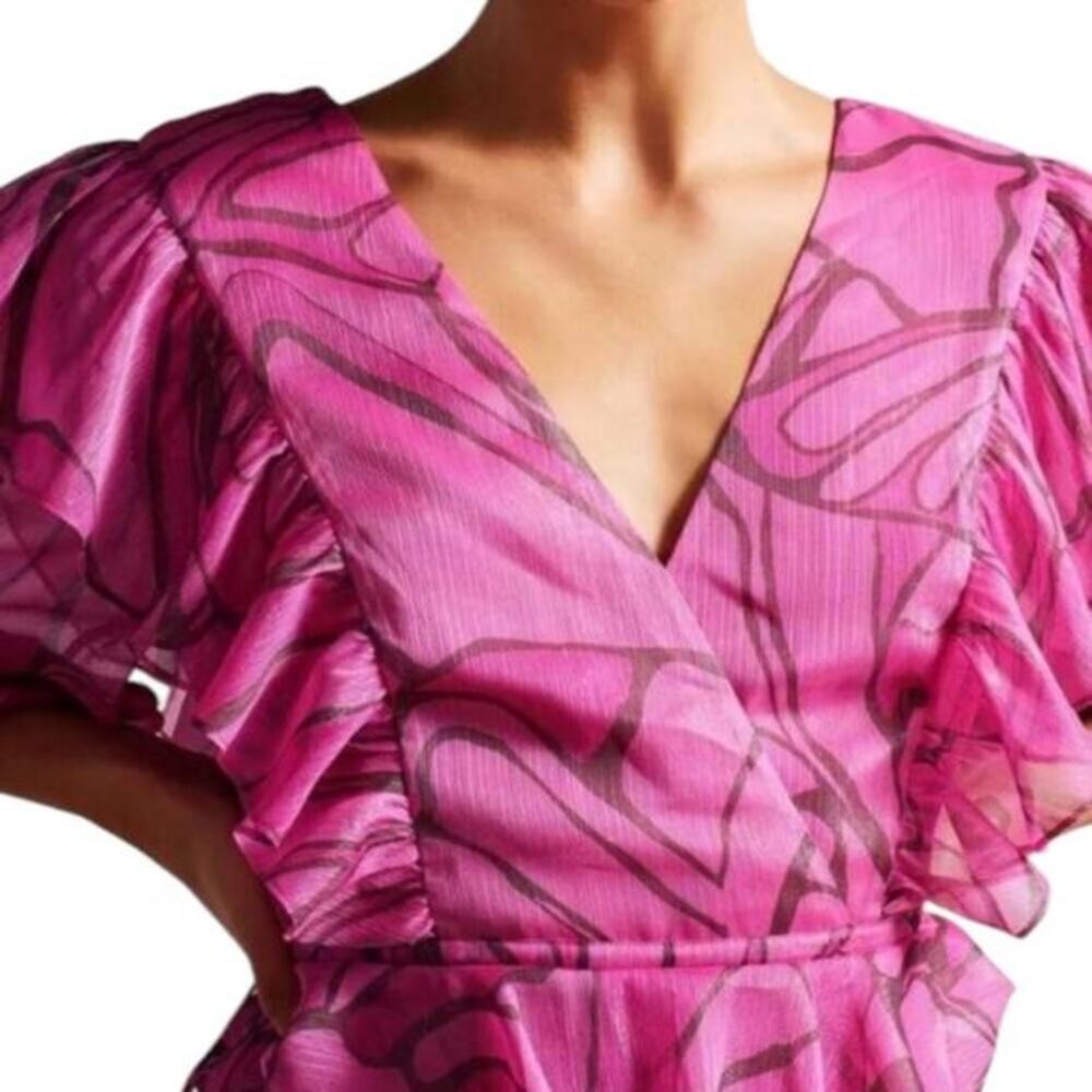 TED BAKER Victoir Shimmer Abstract Tie Back Pinafore Ruffle Dress 3 NWT $445 - Picture 7 of 13